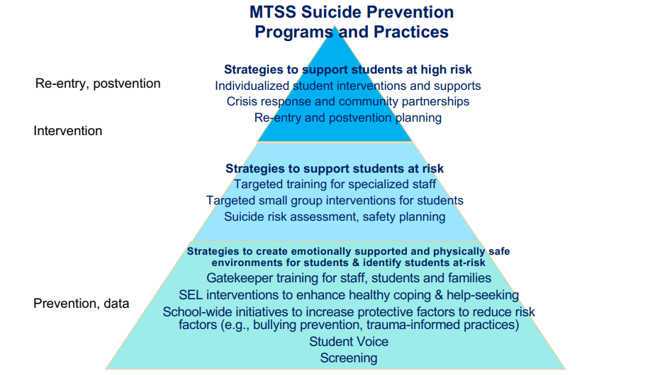 Triangle shape titled "MTSS Suicide Prevention Programs and Practices". The smallest, top tier is labeled re-entry, postvention. It includes strategies to support students at high risk, individualized student interventions and supports, crisis response and community partnerships, re-entry and postvention planning. The middle tier is labeled intervention. It includes strategies to support students at risk, targeted training for specialized staff, targeted small group interventions for students, suicide risk assessment, safety planning. The bottom, universal tier is labeled prevention, data. It includes strategies to create emotionally supported and physically safe environments for students and identify students at-risk, gatekeeper training for staff, students and families, SEL interventions to enhance healthy coping and help-seeking, schoolwide initiatives to increase protective factors to reduce risk factors (e.g., bullying prevention, trauma-informed practices), student voice, screening.